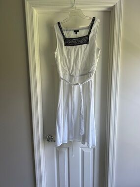 Talbots White Sleeveless Midi Dress with Black Lace Square Neck